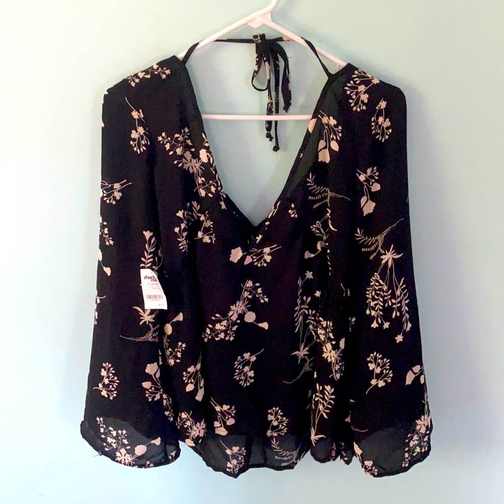 Black floral chiffon dress shirt. Charlotte Russe. Size S.
